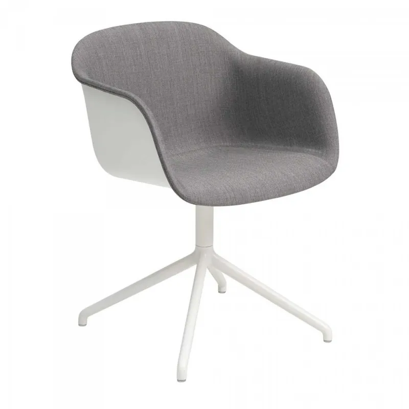 Ostatnia szansa Muuto FIBER ARMCHAIR SWIVEL BASE Krzesło Obrotowe Białe - Siedzisko Tapicerowane Szarą Tkaniną Remix 133 / Metalowa Rama