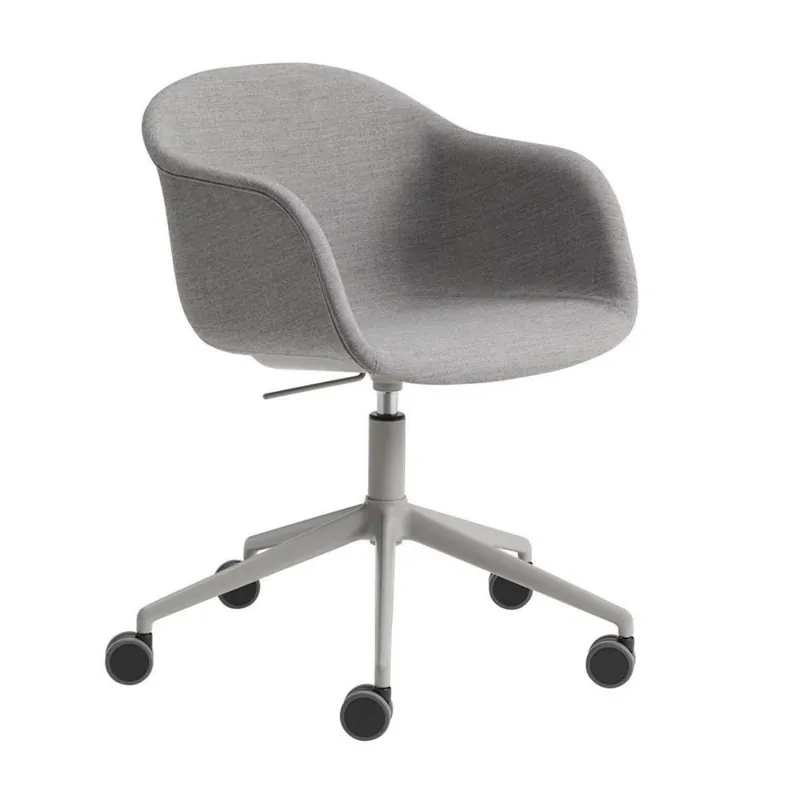 Muuto FIBER ARMCHAIR SWIVEL BASE Krzesło Obrotowe na Kółkach Białe - Siedzisko Tapicerowane Szarą Tkaniną Remix 133 / Metalowa Rama Ekspresowa dostawa