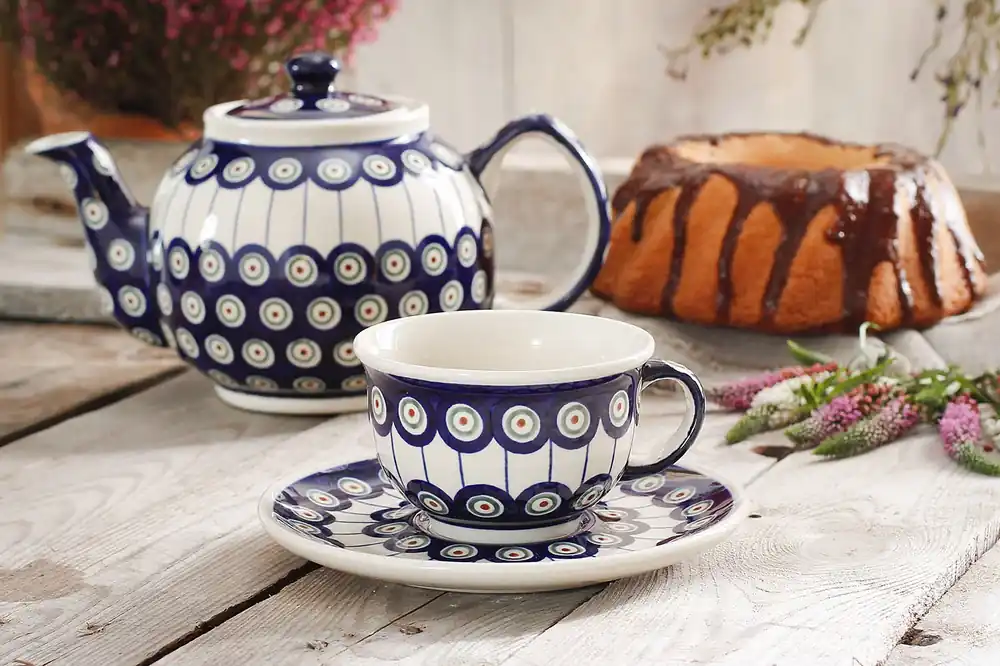 Filiżanka do kawy i herbaty ceramiczna ze spodkiem GU-775 DEK. 8 Bolesławiec KREMOWA 220 ml Tylko do końca tygodnia