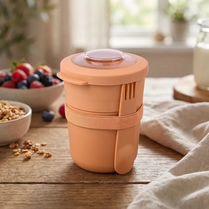 Ostatnie sztuki AMUSE - lunchbox / pojemnik na jogurt 2 w 1 ze sztućcem pomarańczowy