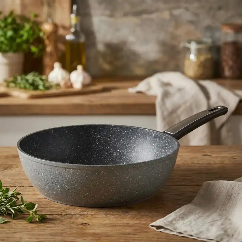 Łatwy zwrot TESCOMA i-Premium Stone głęboka 28 cm szara - patelnia nieprzywierająca mineralna
