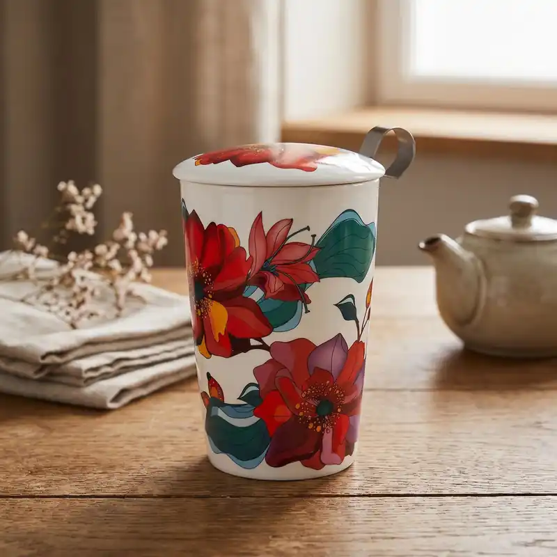 Darmowy zwrot EIGENART TEAEVE 350 ml - porcelanowy kubek z podwójnymi ściankami, zaparzaczem i pokrywką z motywem w maki