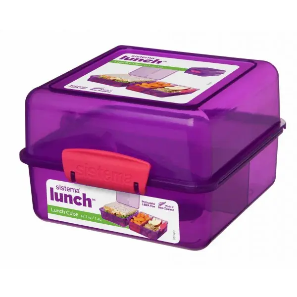 SISTEMA Lunch Cube 1,4 l fioletowy - lunch box / śniadaniówka trzykomorowa plastikowa Wysoka jakość