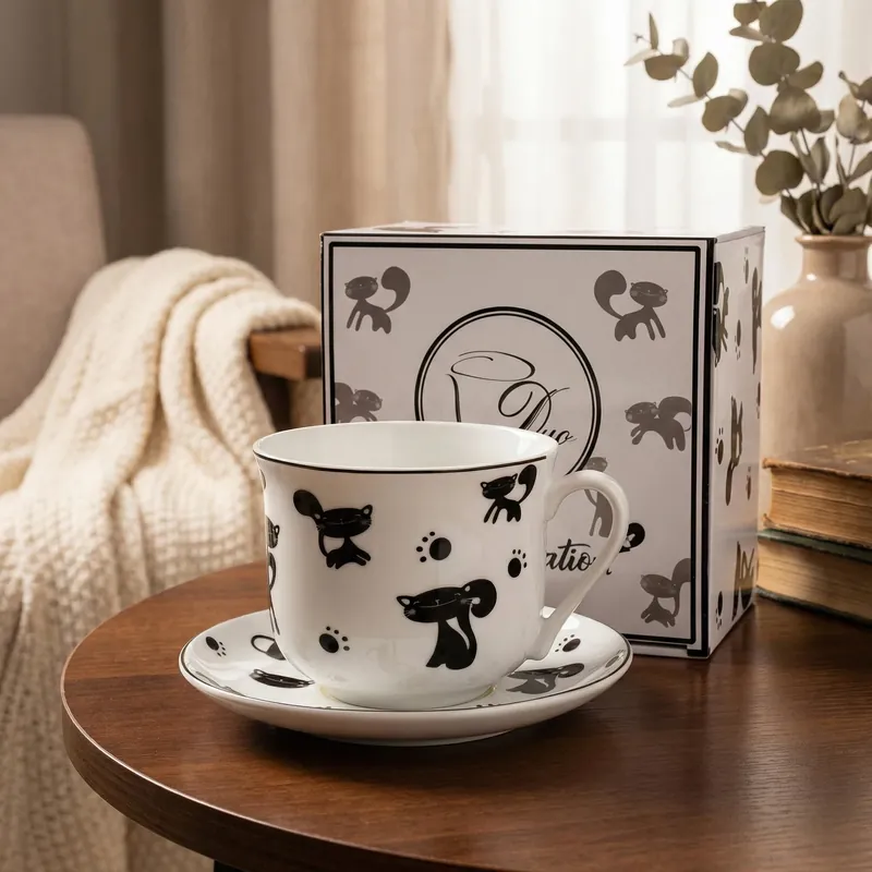 Filiżanka do kawy i herbaty porcelanowa ze spodkiem DUO ANIMALS KOTY CZARNE 470 ml Oferta czasowa