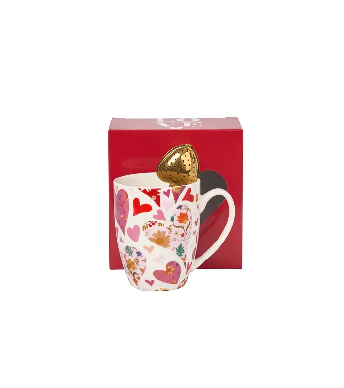 Oferta czasowa Kubek porcelanowy z zaparzaczem Serce DUO SERCA Różowe Serca 360 ml